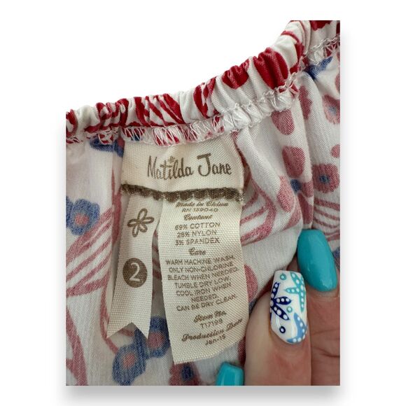 Matilda Jane Crimson Cutie Hello Lovely Peasant Top Red White Blue Lace Trim 2T - Picture 4 of 4